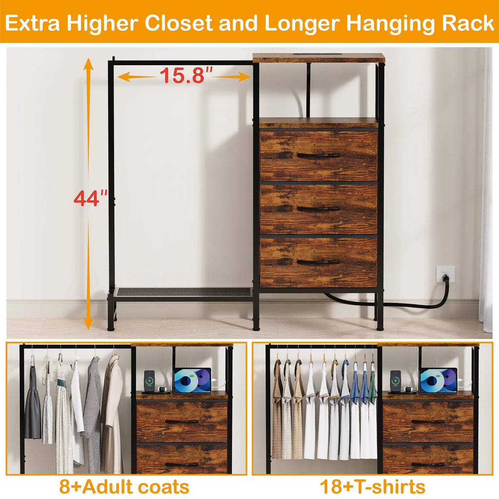 Brown 3 Drawer Fabric Dresser with Hanging Rack W112481