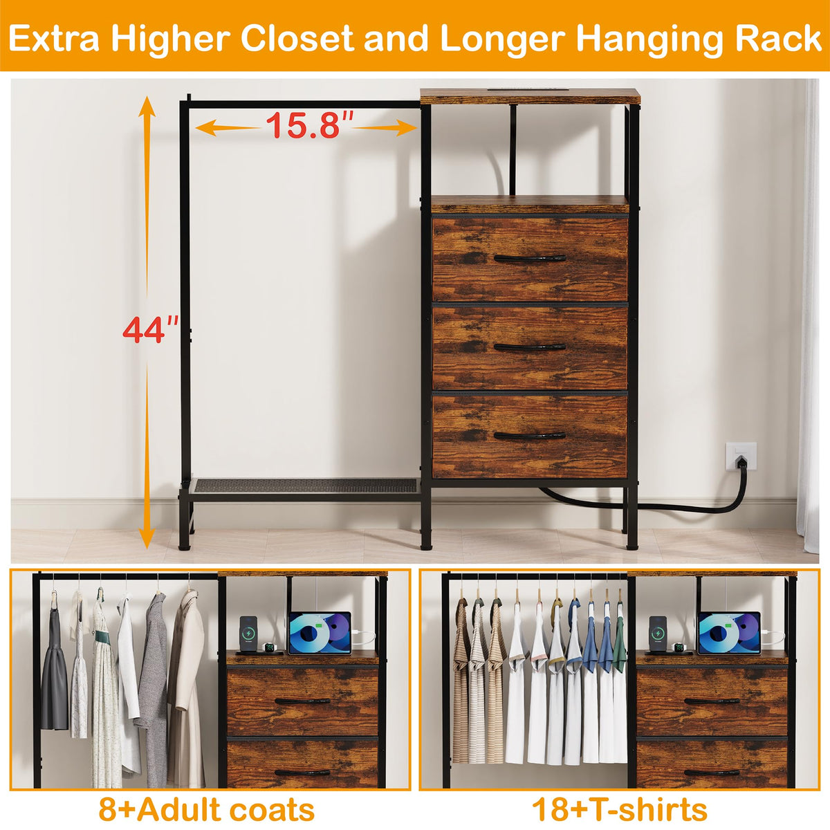 Brown 3 Drawer Fabric Dresser with Hanging Rack W112481