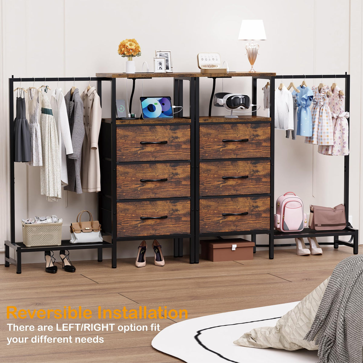 Brown 3 Drawer Fabric Dresser with Hanging Rack W112481