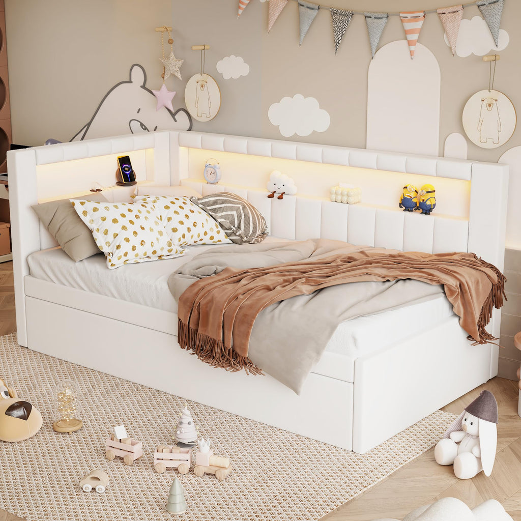 White Linen Upholstered Twin Size Daybed with Trundle and Bookcase Headboard N9012