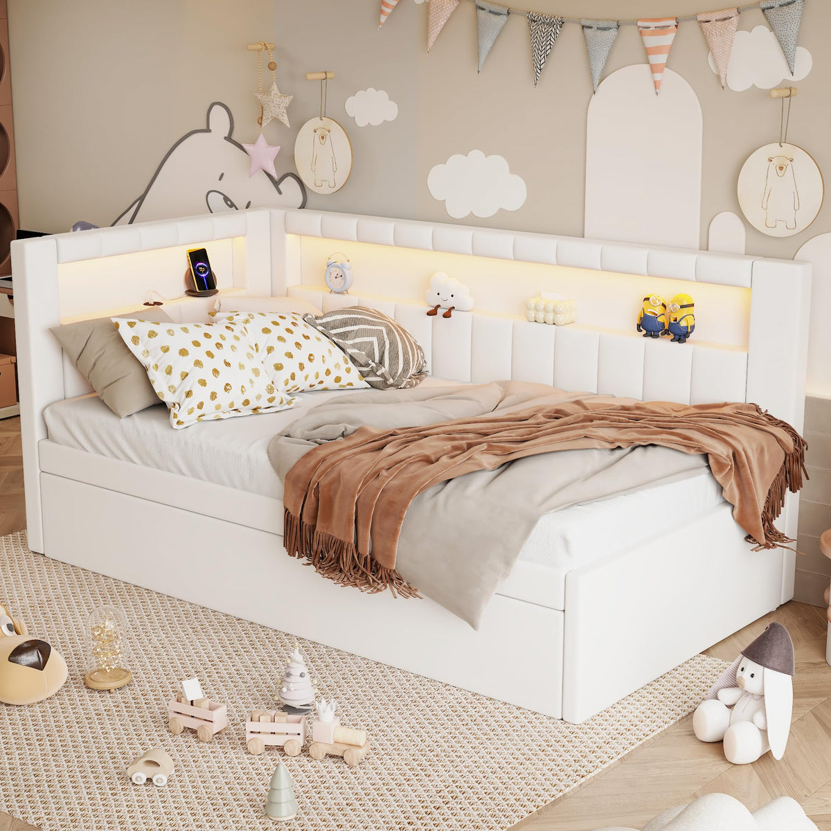 White Linen Upholstered Twin Size Daybed with Trundle and Bookcase Headboard N9012