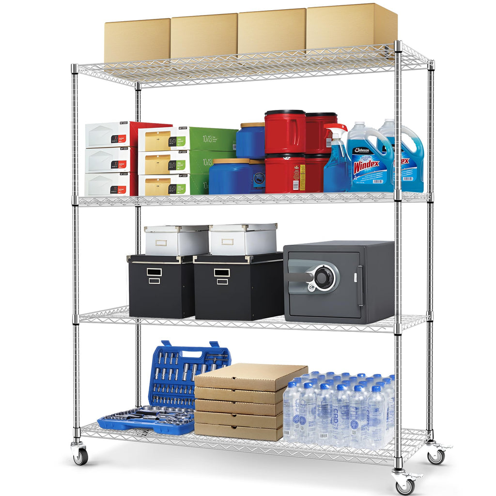 60" W 4-Tier Heavy Duty Wire Shelving 72" H x 24" D Metal Storage Rack with Wheels X633