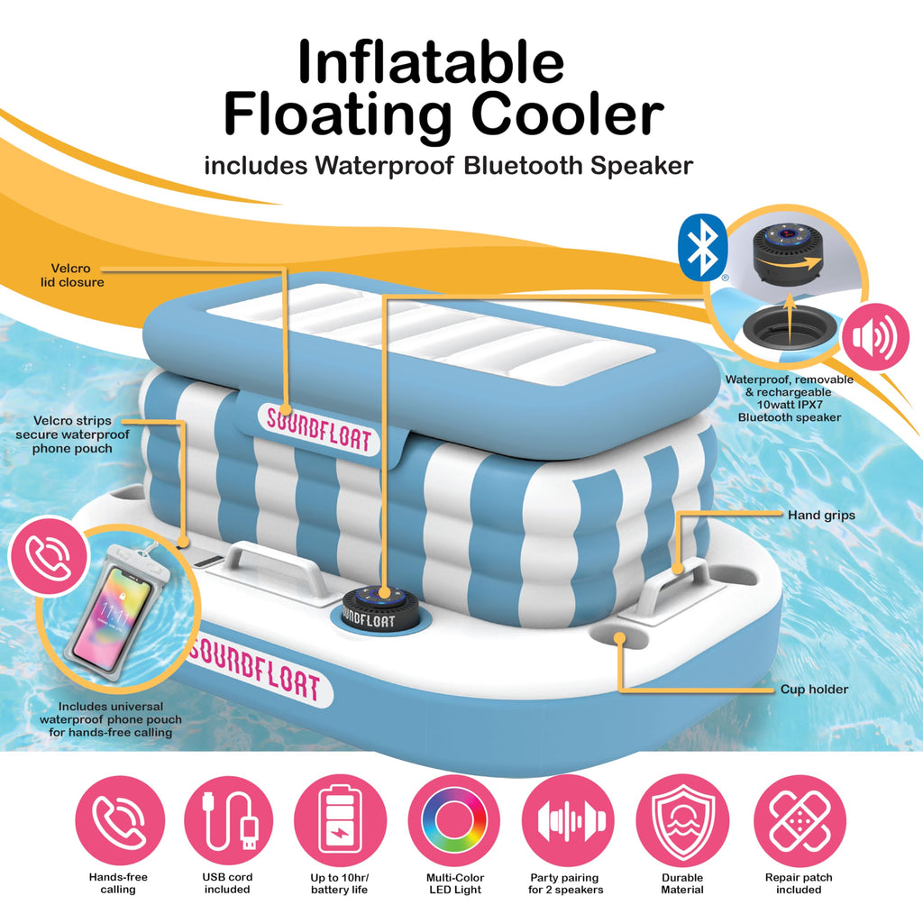 Inflatable Floating Cooler with Lid, Bluetooth Speaker, 6 Cup Holders, 24 Can Capacity L70893
