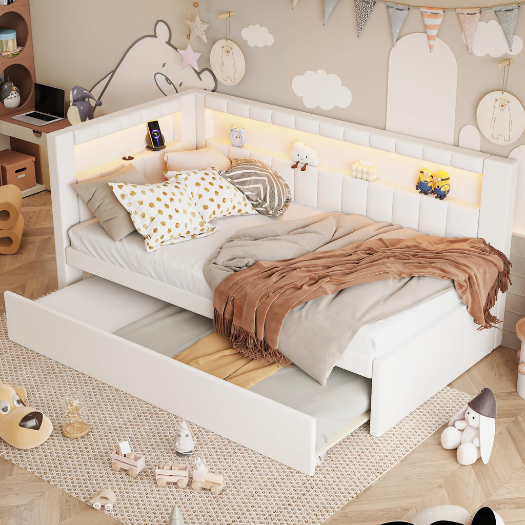 White Linen Upholstered Twin Size Daybed with Trundle and Bookcase Headboard N9012