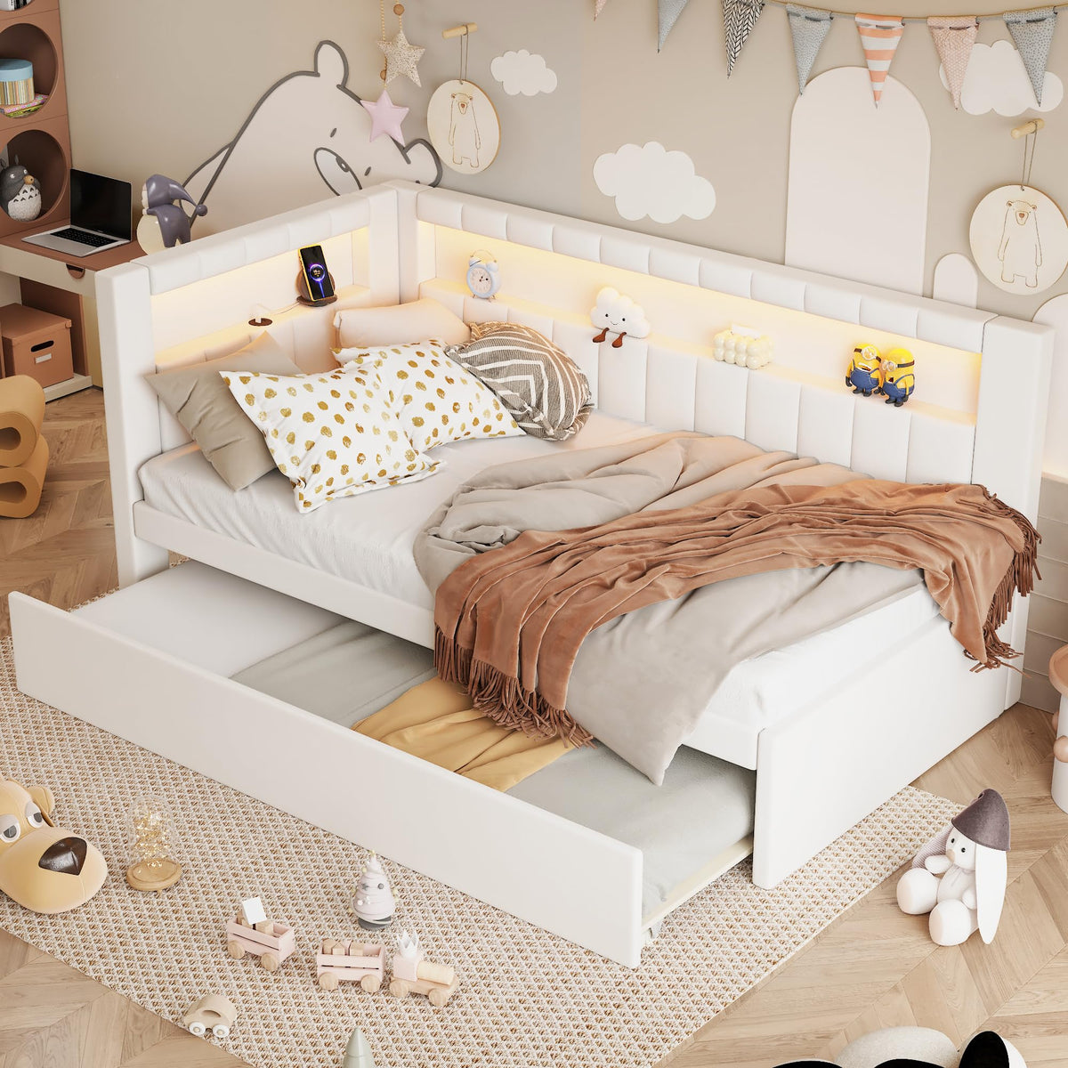 White Linen Upholstered Twin Size Daybed with Trundle and Bookcase Headboard N9012