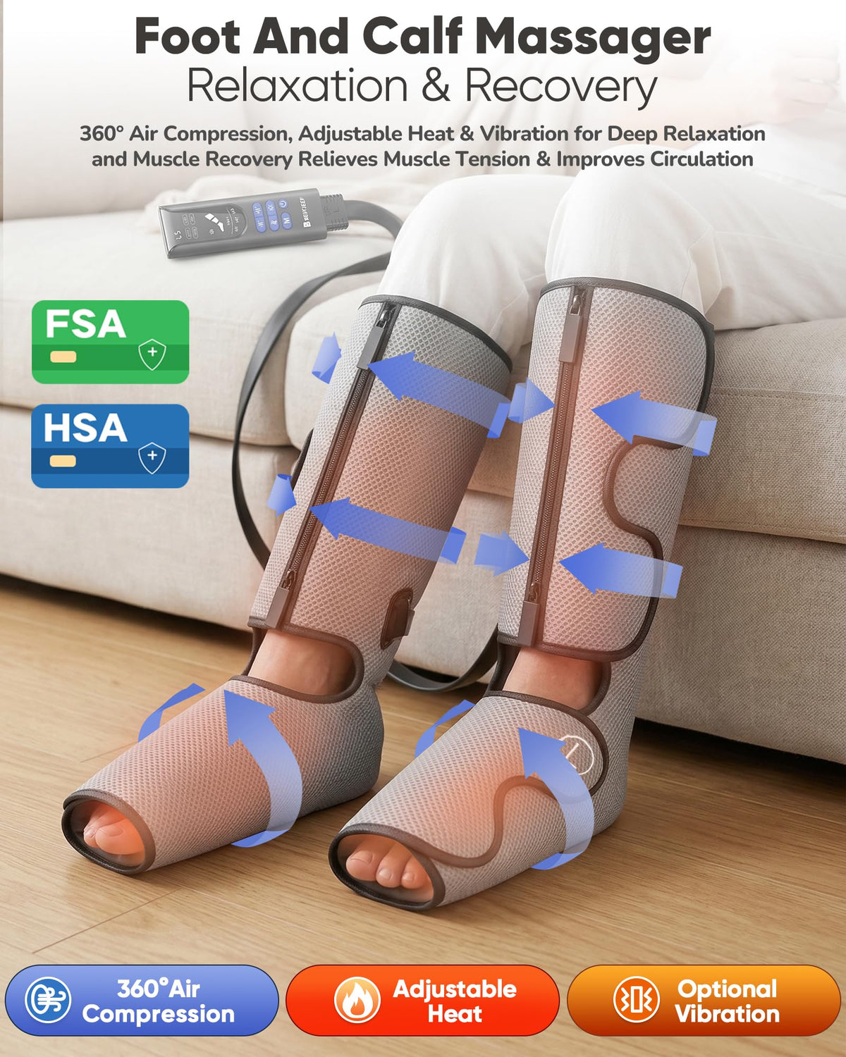 Air Compression Leg Massager with Heat, Foot and Calf Massager, 9 Intensity, 4 Modes, 3 Heating W8158
