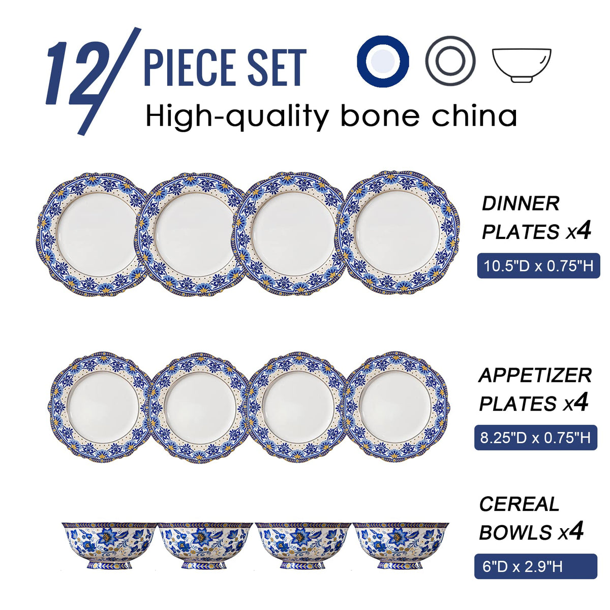 Bone China Tea Set for 6, 12 Pieces Blue and White L795202