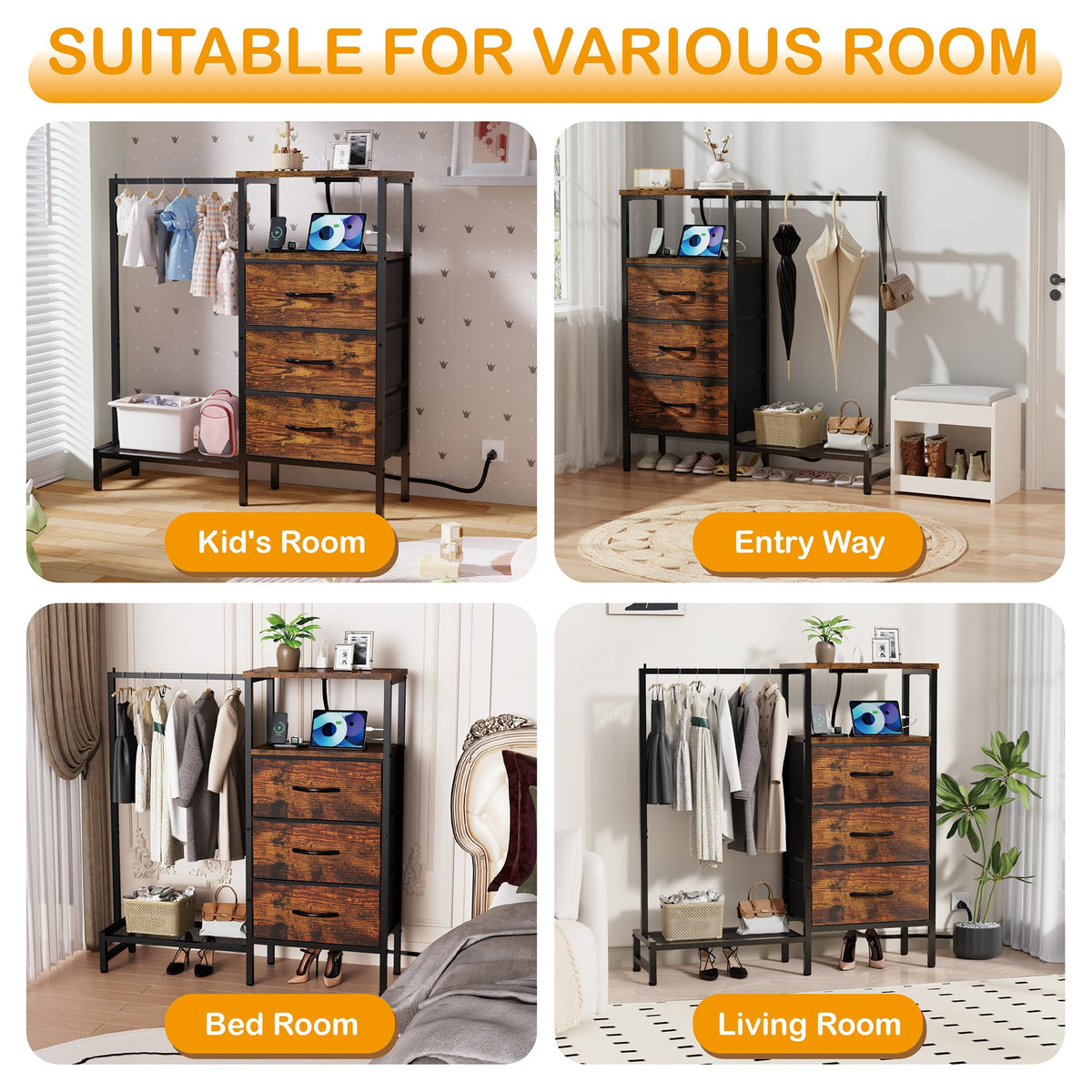 Brown 3 Drawer Fabric Dresser with Hanging Rack W112481