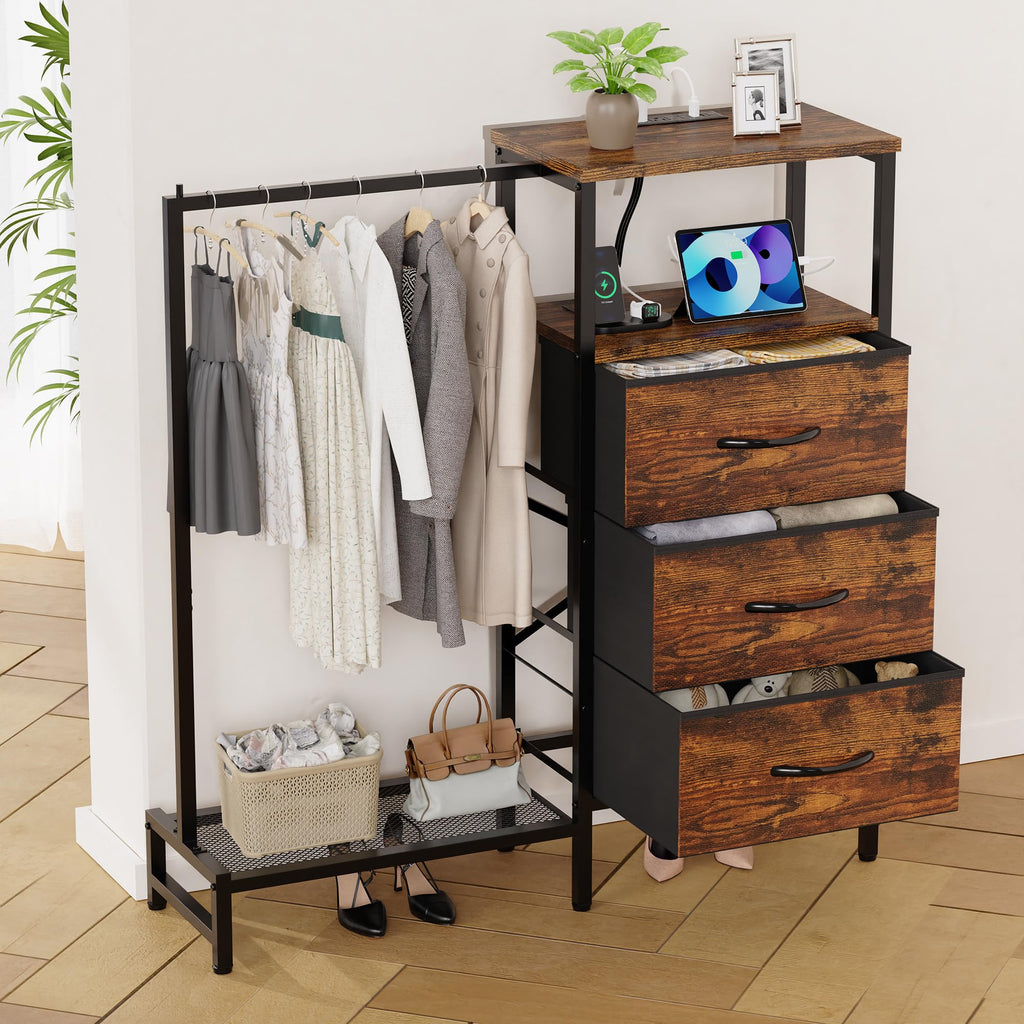 Brown 3 Drawer Fabric Dresser with Hanging Rack W112481