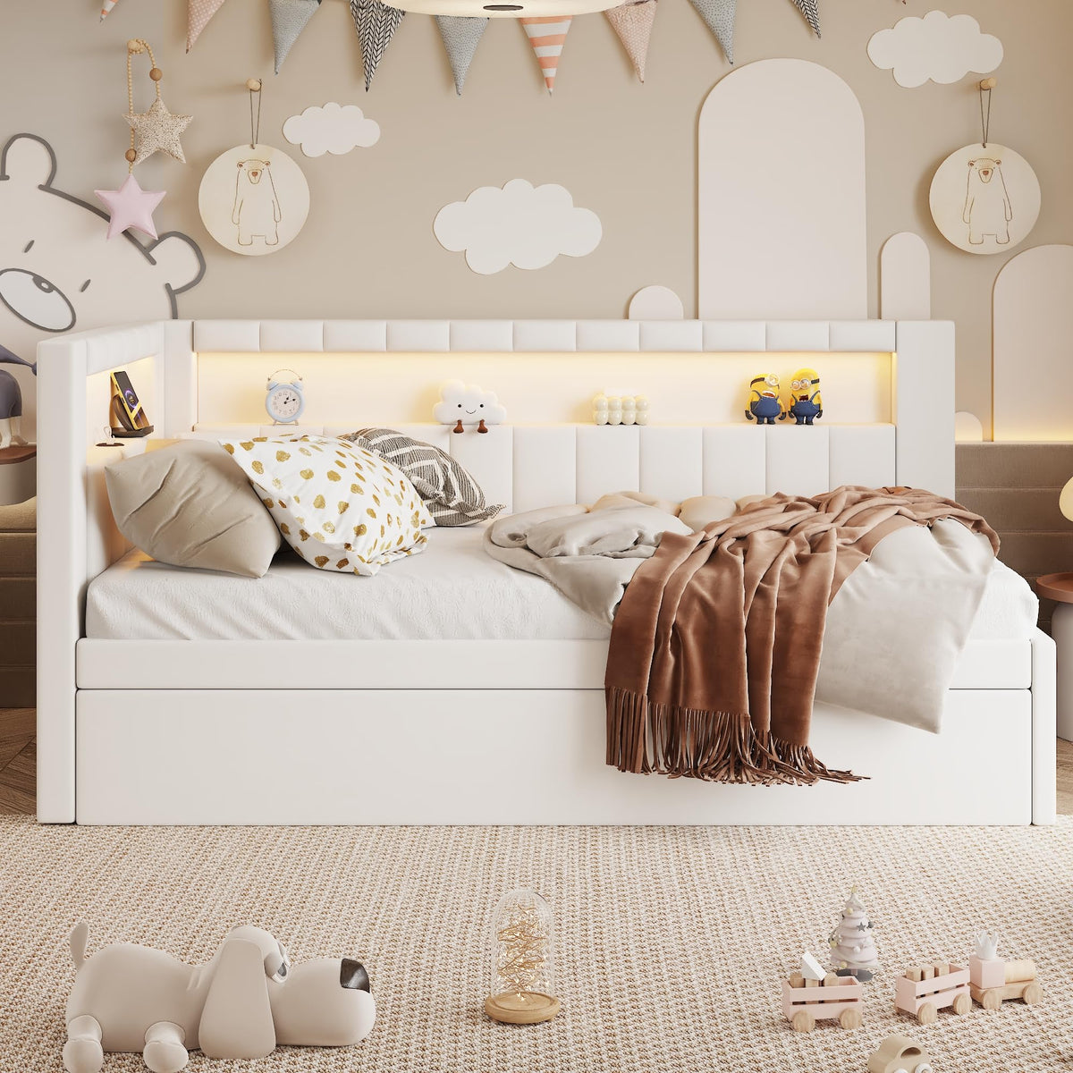 White Linen Upholstered Twin Size Daybed with Trundle and Bookcase Headboard N9012