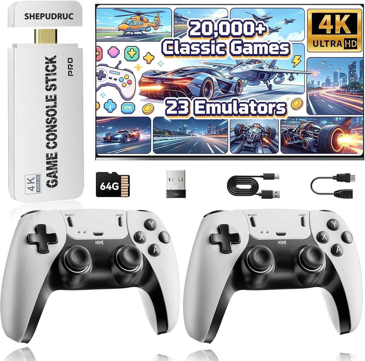 Wireless Retro Gaming Console Stick, 23 Built-In Emulators, 20,000+ Games, 4K HDMI Output, Dual 2.4G Wireless Controllers, 64GB T2363
