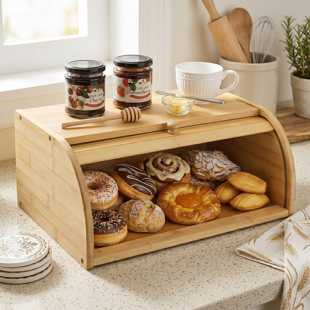 Large Natural Bamboo Roll Top Bread Box X83220
