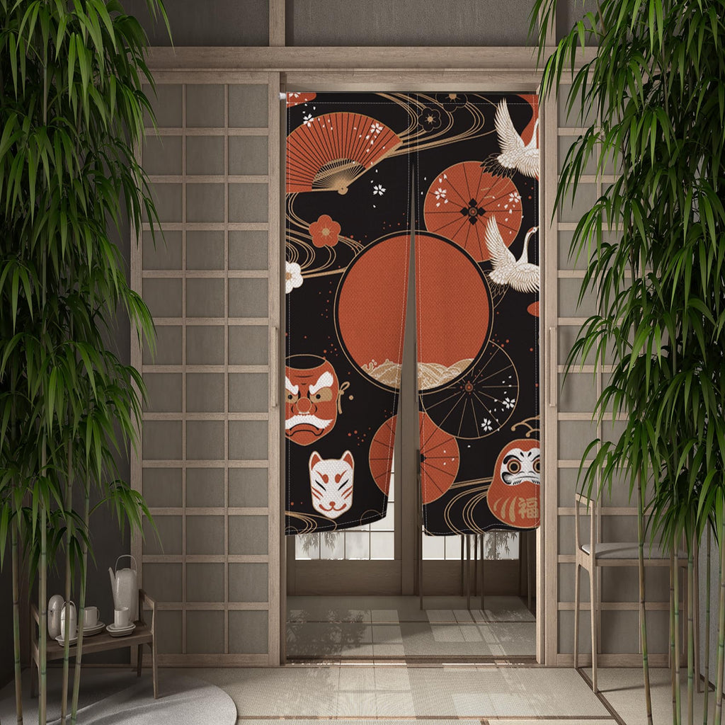 Japanese Noren Doorway Curtain Red Fan Painted Tapestry 33.5"x 70.9" O73643