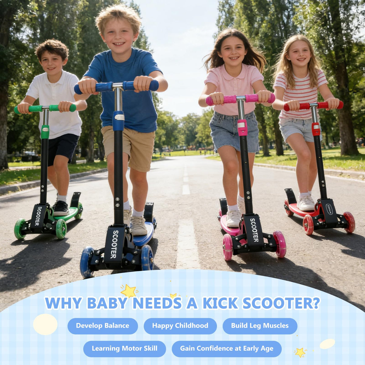 Foldable Metal 3 Wheel Scooter with Adjustable Heights G498