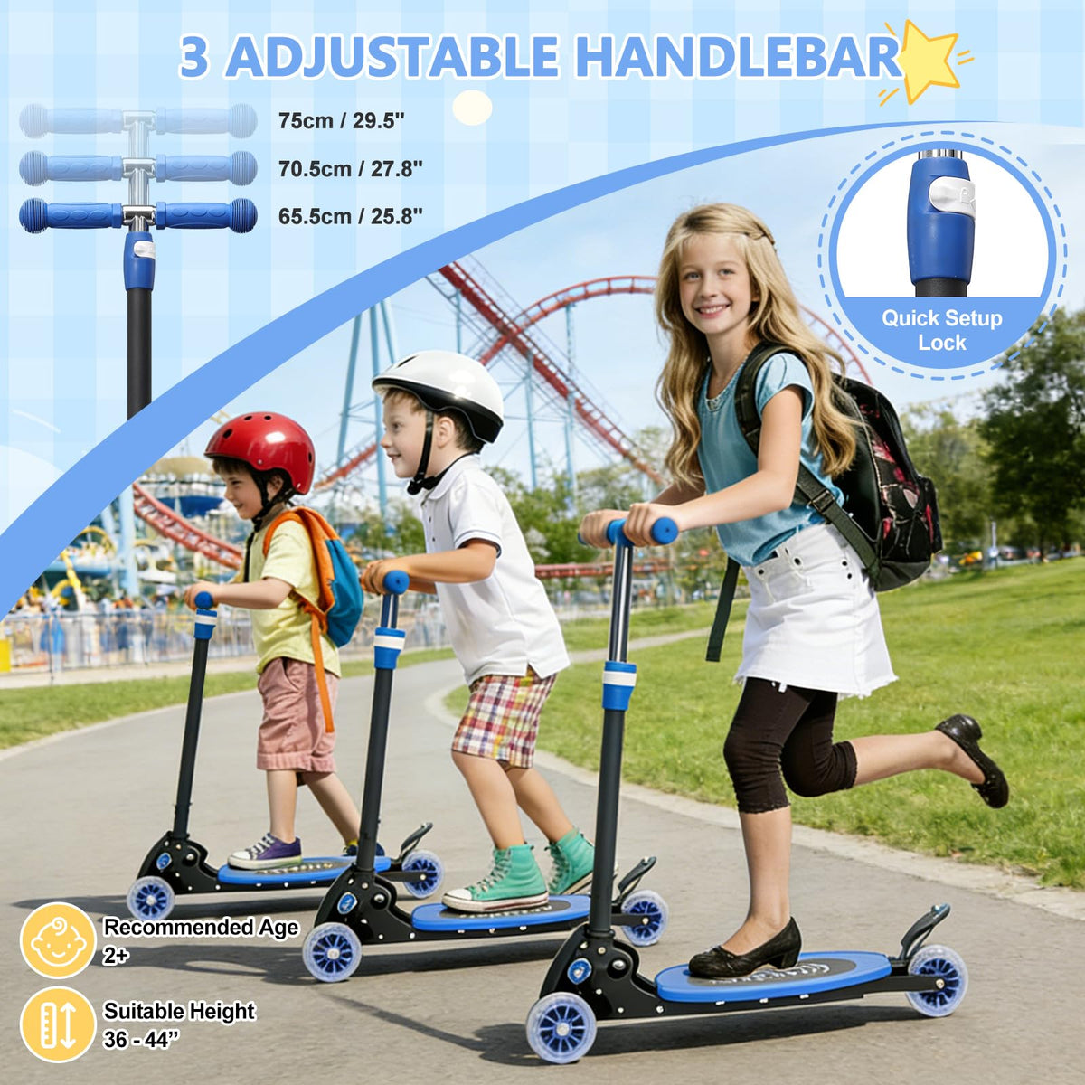 Foldable Metal 3 Wheel Scooter with Adjustable Heights G498