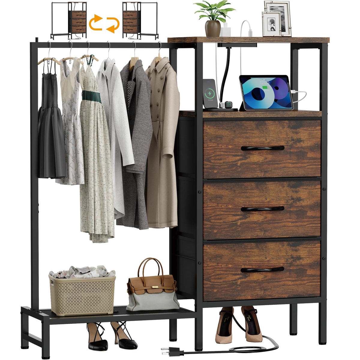 Brown 3 Drawer Fabric Dresser with Hanging Rack W112481