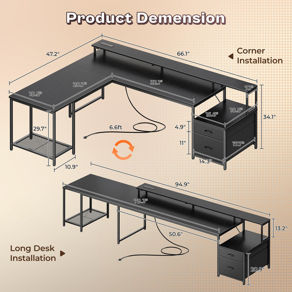 66" L Shaped Gaming Desk with LED Lights & Power Outlets N8737