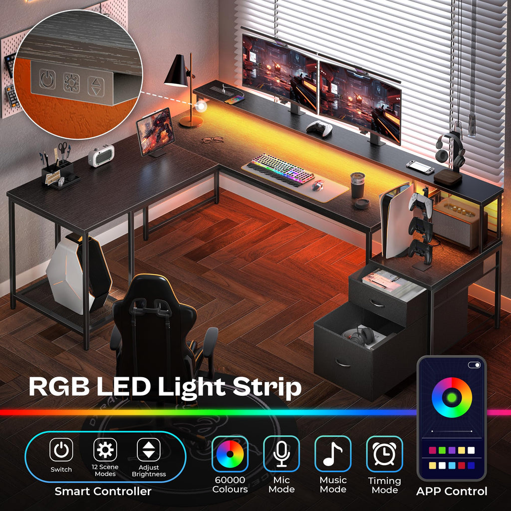 66" L Shaped Gaming Desk with LED Lights & Power Outlets N8737