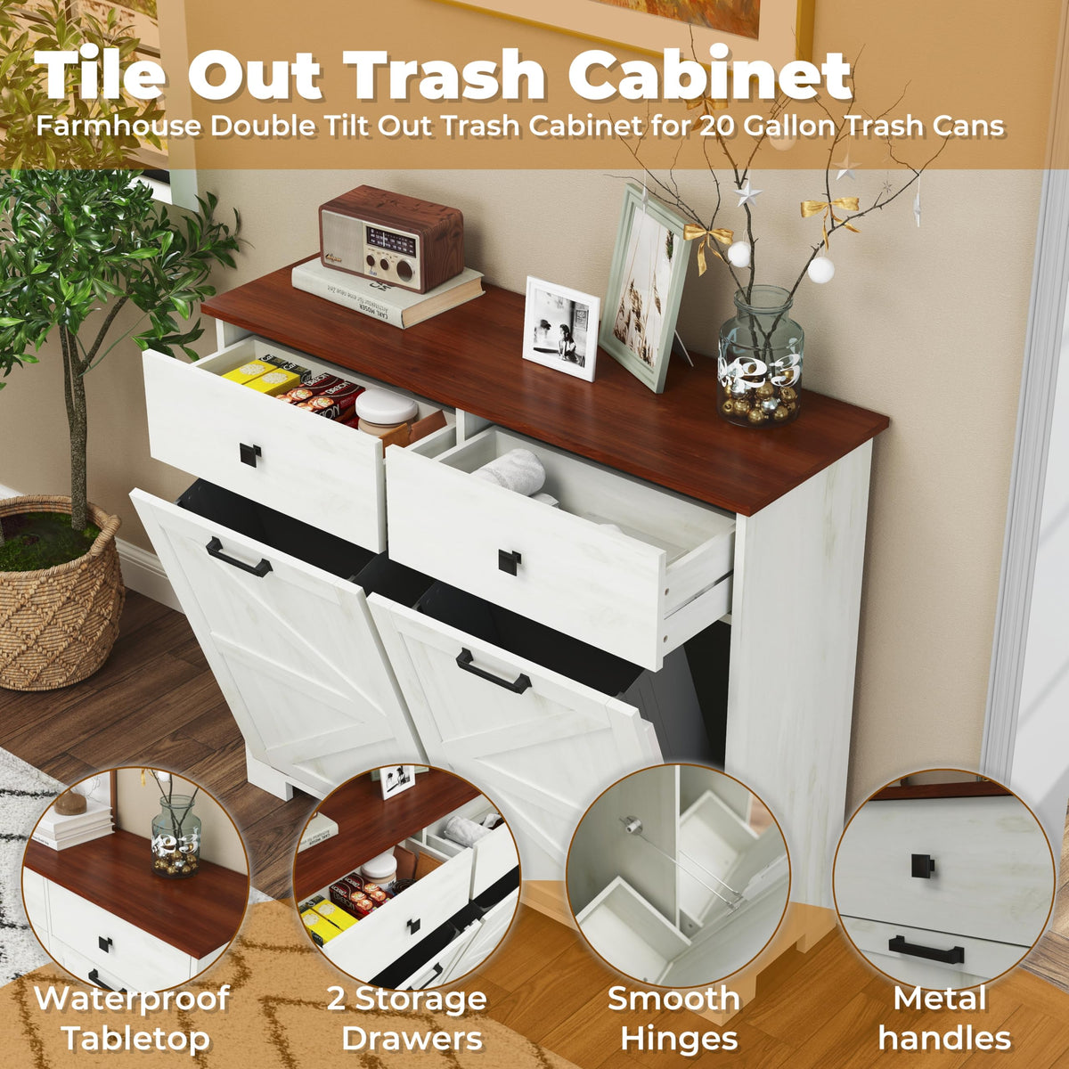 White 20 Gallon Tilt Out Trash Cabinet Q879