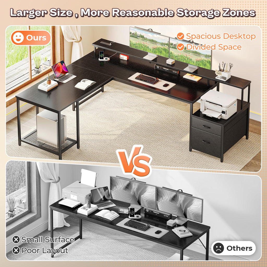 66" L Shaped Gaming Desk with LED Lights & Power Outlets N8737